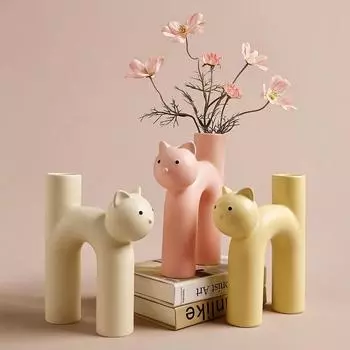 Ceramic Cartoon Cat Vase, Cute Tubular Cat Aesthetic Vase Arrangement, Hydroponics Accessories, Home Furnishing Decoration Vases