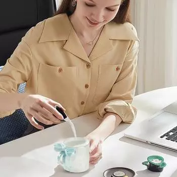 Ceramic Coffee Cup with Ribbon Handle 11.8oz Elegant Pink Bow Design Tea Cup Drinking Gift синий