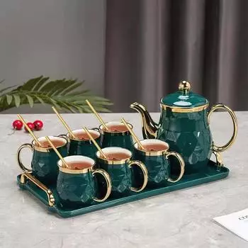 Ceramic Coffee Tea Set Creative Phnom Penh Green 1 Pot 6 Cups 1 Tray Porcelain Teaware Sets Coffee Pot Afternoon Tea Kettle