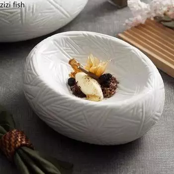 Ceramic Dinner Plate Restaurant Oval Relief Texture Thick Soup Plate Dessert Plate Pasta Plates Insulation Plates Home Tableware