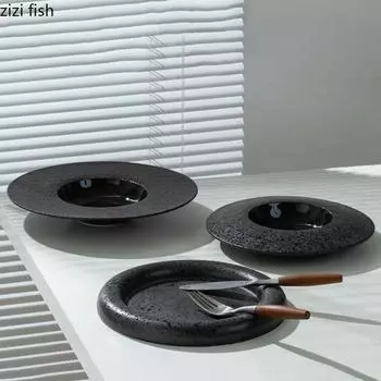 Ceramic Dinner Plate Retro Creative Thick Soup Plate Steak Plate Pasta Plates Dessert Plates Snack Plates Solid Color Tableware