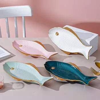 Ceramic Fish Plate Phnom Penh Green Creative Fish Shaped Porcelain Plate Household Salad Dessert Long Dish Kitchen Tableware