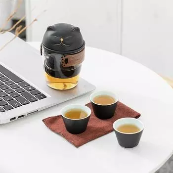 Ceramic Fortune Cat Tea Set Heat-resistant Glass Faster Cup 1 Pot 3 Cups Portable Travel Kung Fu Tea Set Office Brewing Tea 6PCS SET