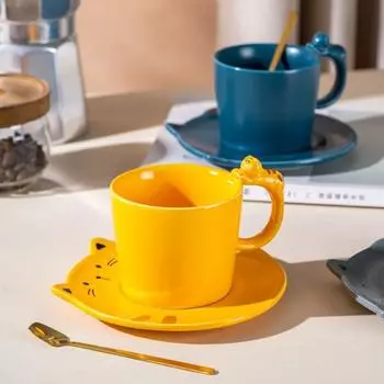 Ceramic Hand-painted Cute Cat Shaped Coffee Cup Dish Underglaze Color Three-dimensional Milk Cup Fruit Dim Sum Dish