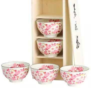 Ceramic Indigo Flower Smile Rice Bowl Set, Tea Bowl, 5 Customers, 3983 Pink