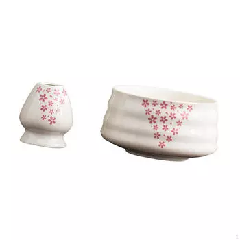 Ceramic Matcha Bowl and Whisk Holder Tea Utensils Japanese Set Porcelain Flower