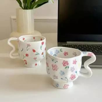 Ceramic Mug Hand Painted Flower Pattern High Footed Cups Breakfast Cereal Cup Oatmeal Mugs Milk Coffee Cup Table Decoration Gift 301-400ml тюльпан