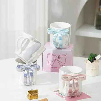 Ceramic Mug with Bow Handle, Creative Water Cup, Couple Breakfast Milk Cup, Office Afternoon Tea Latte Coffee Cup, Drinking 350ml синий
