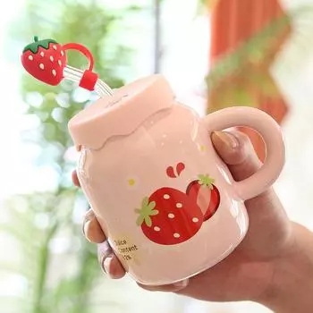 Ceramic Mug with Straw Lid with Handle Fresh Girly Heart High Value Water Cup for Best Friend Souvenir 401-500ml