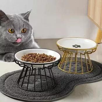 Ceramic Pet Cat Bowl With Metal Stand Pet Dog Food Snacks Feeding Elevated Feeder Kitten Puppy Dish Dog Supplies Cat Accessories