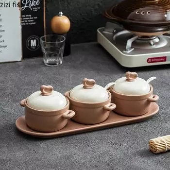 Ceramic Seasoning Jar Set Creative Salt Jar Sugar Jar Pepper Spice Jars Pig Oil Jars Household Kitchen Four Piece Set with Spoon