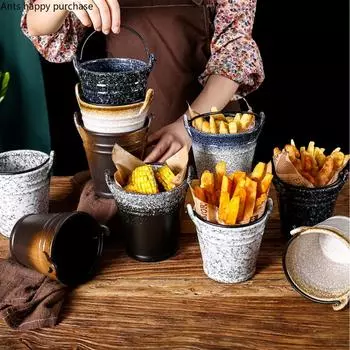 Ceramic Tableware Snack Plate French Fries Bucket Ktv Bar Ice Bucket Fried Food Buckets Oil Paper Fruit Salad Bowl Dessert Plate