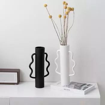 Ceramic Vase Black Abstract Wave Edge Handle Straight Tube Flower Vase Ceramic Ornaments Terrarium Home Decoration белый