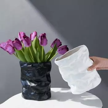 Ceramic Vase Crumpled Wastebasket Shape Black and White Abstract Flower Arrangement Accessories Home Decoration Vases Pots