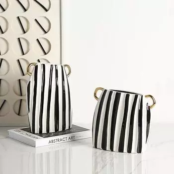 Ceramic Vase Geometric Stripes Vertical Striped Gold Ear Ceramic Bottle Porcelain Handicraft Ornaments Home Decoration