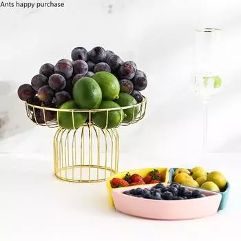 Ceramics Tall Feet Fruit Plate Iron Art Fruit Basket Three Grid Snack Platter Home Candy Plate Snack Tray Decoration Tableware