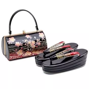 Церемония совершеннолетия Zori Bag Furisode Sandals 3 x [KYOETSU] Комплект, Сумка, Ярусы, Женский (F, 4-Черный Красный)