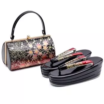 Церемония совершеннолетия Zori Bag Furisode Sandals 3 x [KYOETSU] Комплект, Сумка, Ярусы, Женский (LL, 1-Черный Красный)