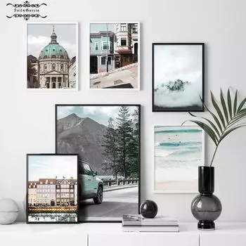 Церковь, туман, горный автомобиль, море, пляжный дом, цитаты, скандинавские постеры и принты, настенная живопись на холсте, настенные панно для гостиной 21*30cm