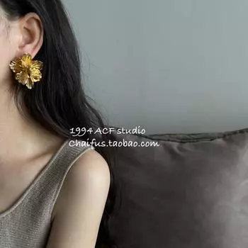 Chai Fu Studio/E669 Fashion Retro Metallic Three-Dimensional Petals Ear Studs Niche Style Texture Sweet Cool Earrings Gold Pair