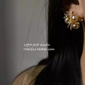 Chai Fu Studio/E823 Hong Kong Style Cool Liquid Metal Pearl Stud Earrings Easiest for Match Compact Temperamental Luxury Earrings Gold Pair