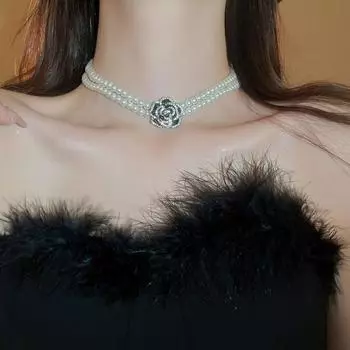 Chain Camellia Necklace Double Pearls Flower Jewelry Crystal Clavicle Chain Birthday Gift Necklace