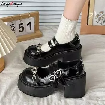 Chain Loafers Women Platform Autumn New High heeled Mary Jane shoes Round Toe Oxfords Shoes Ladies College style Lolita Shoes 4.5 чёрный