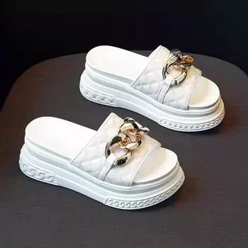 Chain Wedges Slippers Women High Heels Platform Shoes Summer 2024 Luxury Open Toe Flip Flops Beach Sandals Pumps Mujer Slides 35