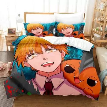 Chainsaw Man Pochita Bedding Set Single Twin Full Queen King Size Bed Set Adult Kid Bedroom Duvetcover Sets Anime Bed Sheet Set EU Twin 135x200cm