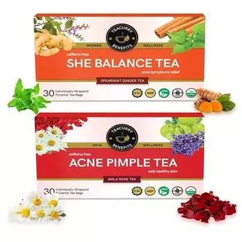 Чай от угрей и прыщей TEACURRY PCOS PCOD (Упаковка на 1 месяц, 30x2 чайных пакетиков) - Помощь с гормонами, менструацией и весом - 30-дневный чай при СПКЯ