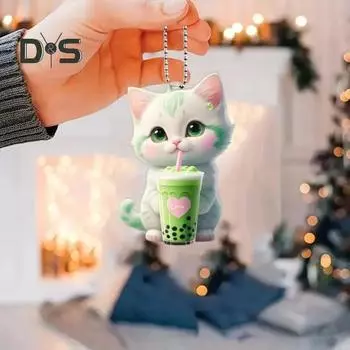 Чай с молоком, кот, подвесное украшение с цепочкой из бисера, двухсторонний акрил, 2D мультяшный котенок, зеркало заднего вида для автомобиля, подвесной орнамент, кулон зелёный