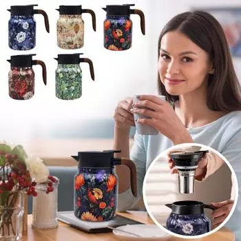 Чай с винтажным цветочным узором, чайник, встроенный заварник с винтажным цветочным узором, термограф из нержавеющей стали с крышкой для горячих напитков One Size зелёный