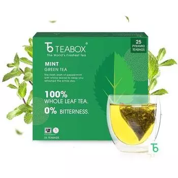 Чай Teabox Green Mint 25 пакетиков | Экзотическая смесь отборного зеленого чая и настоящих листьев перечной мяты | Повышает иммунитет | Чайные пакетики Silken Pyramid