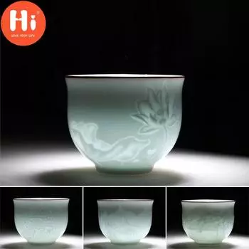Чайная чашка Hi Celadon, керамическая кружка для воды с резной тенью, офисная чайная чашка Longquan, посуда для напитков ручной работы