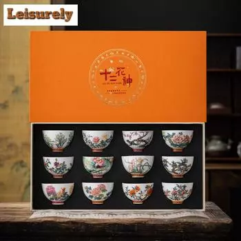 Чайная чашка «Кунг-фу» «Двенадцать богов цветов», набор из 12 предметов, эмалированная пастельная керамика, подарочная коробка, керамика и гончарные изделия для хозяина, китайская чайная утварь, бар