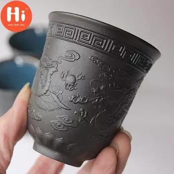 Чайная чашка с тиснением Дракона и Феникса, чашка для чая пуэр, посуда для напитков, чашка с глазурью Temmoku, чайная посуда