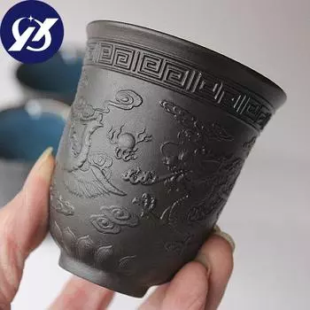 Чайная чашка с тиснением Дракона и Феникса, чашка для чая пуэр, посуда для напитков, чашка с глазурью Temmoku, чайная посуда