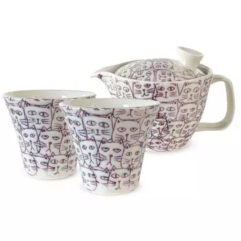 Чайник 240 мл, пара чашек для чая Hasami, сделано в 1 2, включает в себя водоотталкивающие принадлежности для чая Cats, фиолетовый J-kitchens & Set, Ware, Япония, ~ Люди, фиолетовый