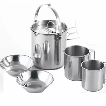 Чайник для кемпинга из нержавеющей стали, набор для приготовления пищи, чайник, 2 кружки, легкая, компактная посуда для хранения, набор для кемпинга, аксессуары для увлажнителя, кофеварка