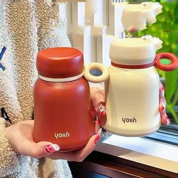 Чайник для питья Мини-термос Чашка с ручкой Термобутылка для воды Спорт на открытом воздухе бежевый