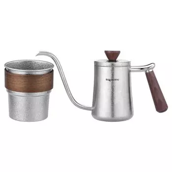 Чайник для заваривания кофе Ti Pour Over объемом 300 мл с изогнутой шеей и чашкой для воды объемом 300 мл для кемпинга на открытом воздухе серебряный