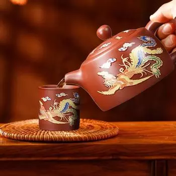 Чайник с 2 чашками Дракон и Феникс, меняющий цвет, фиолетовый глиняный чайник, чайный сервиз Zisha ручной работы, чайник кунг-фу для чайника, подарок для любителей чая