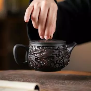 Чайник с резьбой в виде дракона из фиолетовой керамики Цзяньшуй, расписанный вручную, старинный рельефный чайник, домашний чайник, чайный сервиз кунг-фу