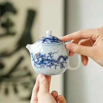 Чайник с синим и белым драконом, инкрустированный металлом, одинарный, керамический, фарфоровый, китайский, с драконом кунг-фу, для приготовления чая пуэр