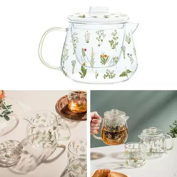-Чайник с заварочным устройством, стеклянный чайник для выдувного чая ручной работы с цветочным узором для офиса и домашнего использования