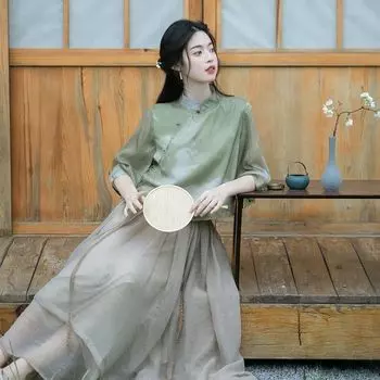 Чайное платье в китайском стиле, комплект из двух частей Cheongsam с литературными элементами, платье Hanfu для женщин 2XL