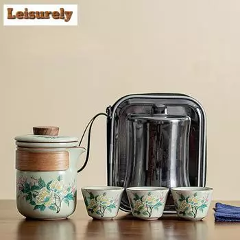 Чайный набор Pea Greem Ru Kiln Hibiscus Mutabilis, набор для бутика, 1 горшок, 3 чашки, чайник, портативный дорожный чайный набор, сумки-органайзеры для кемпинга