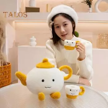 Чайный набор в виде куклы-чайника, мягкая игрушка для девочек, ролевые игры, плюшевый набор с 1 чайником и 2 чашками для чая, тематический игровой набор для чаепития, подарок для детей на Рождество 1 Set жёлтый
