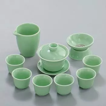 Чайный сервиз Celadon Kung Fu, керамическая миска для дома, небольшой набор чайных чашек, простое чайное искусство для офиса, чайная церемония, полный набор чайных подносов 7 pcs зелёный