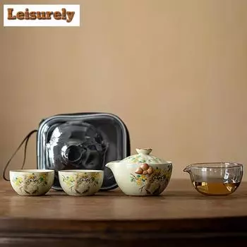 Чайный сервиз Cream Ru Kiln из фарфора, набор для быстрого приготовления чая, ручная работа, 1 чайник, 2 чашки, переносной чайник для путешествий, чайные сервизы, пакетики, аксессуары